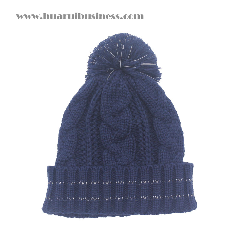 chunky stickad blanda kabel manschett mössa, hatt, tuque, unisex, vinter mössa med pom pom, manschett med reflekterande ränder, pom pom med reflekterande effekt också